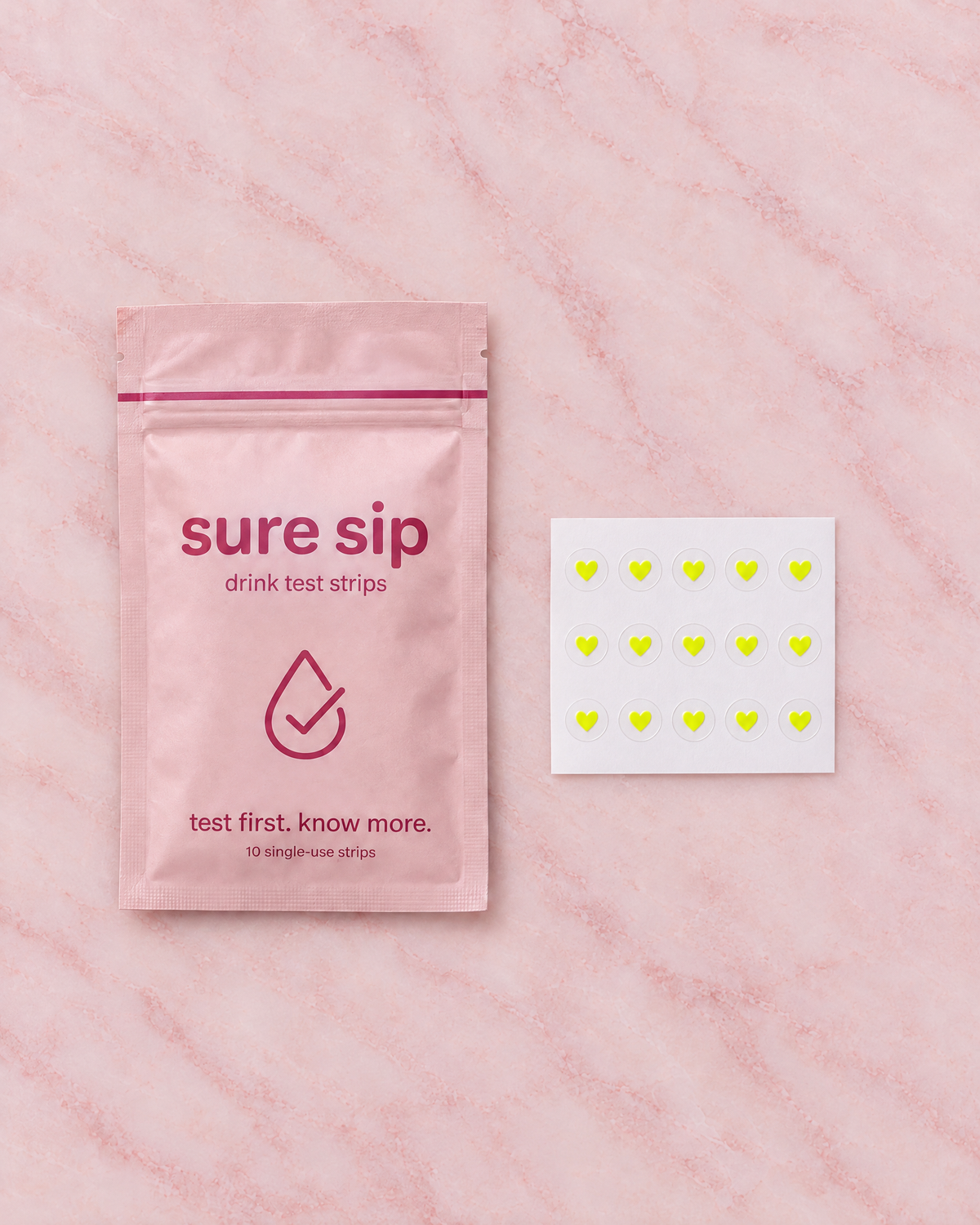 Sure Sip pouch with a sheet of heart nail stickers