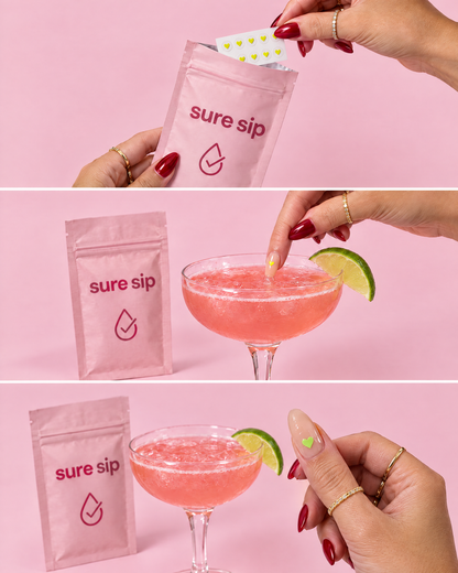 How to use Sure Sip: stick the heart on your nail, dip it in your drink, check the color